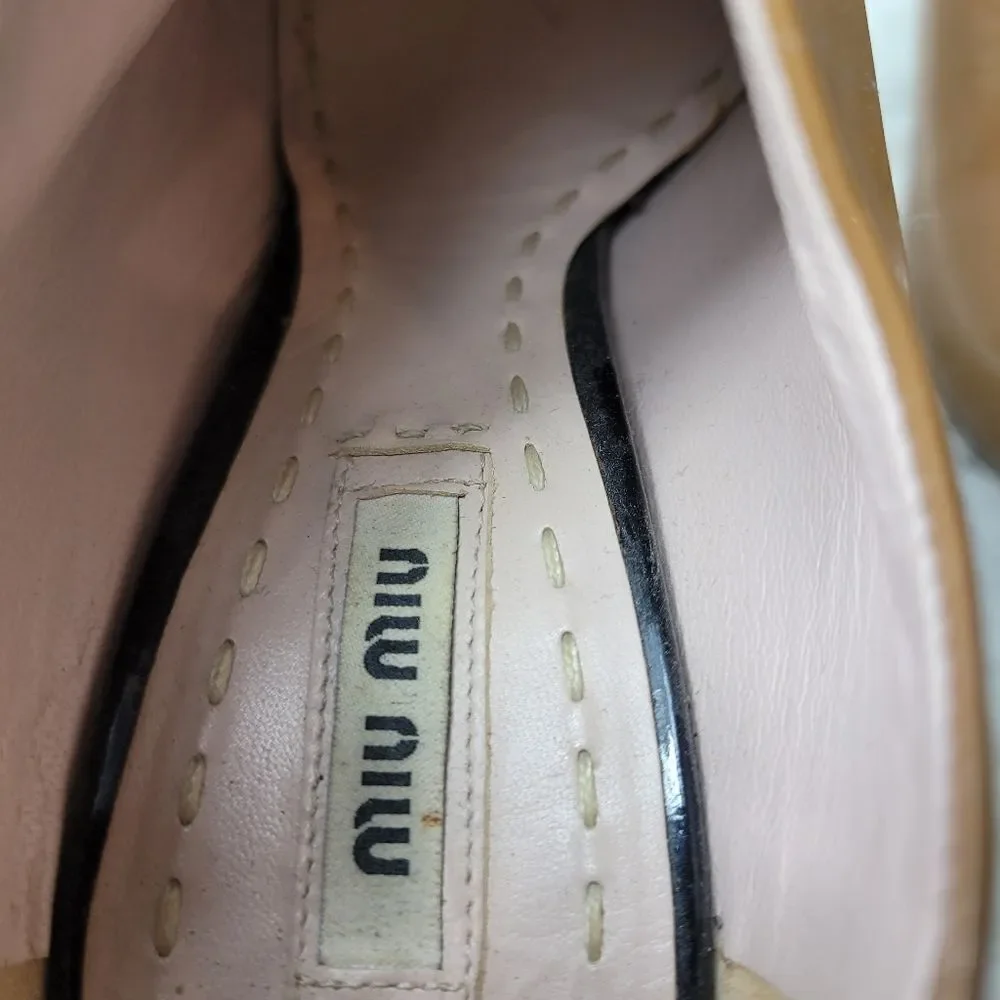 Miu Miu Bottie Women's Shoes Size 6.5 Beige Patent Leather Black Cap Toe Zipper